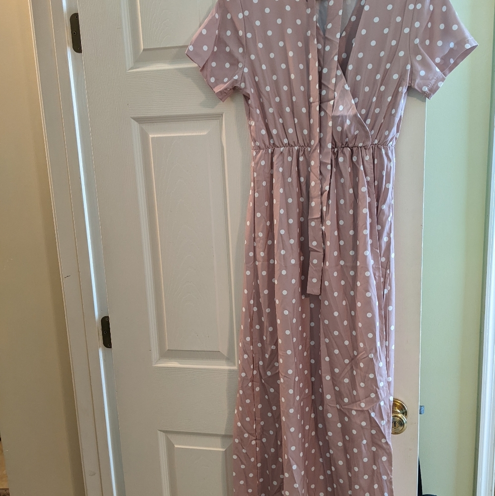 Medium Spring Pink/White Polkadot Side Split Maxi dress.